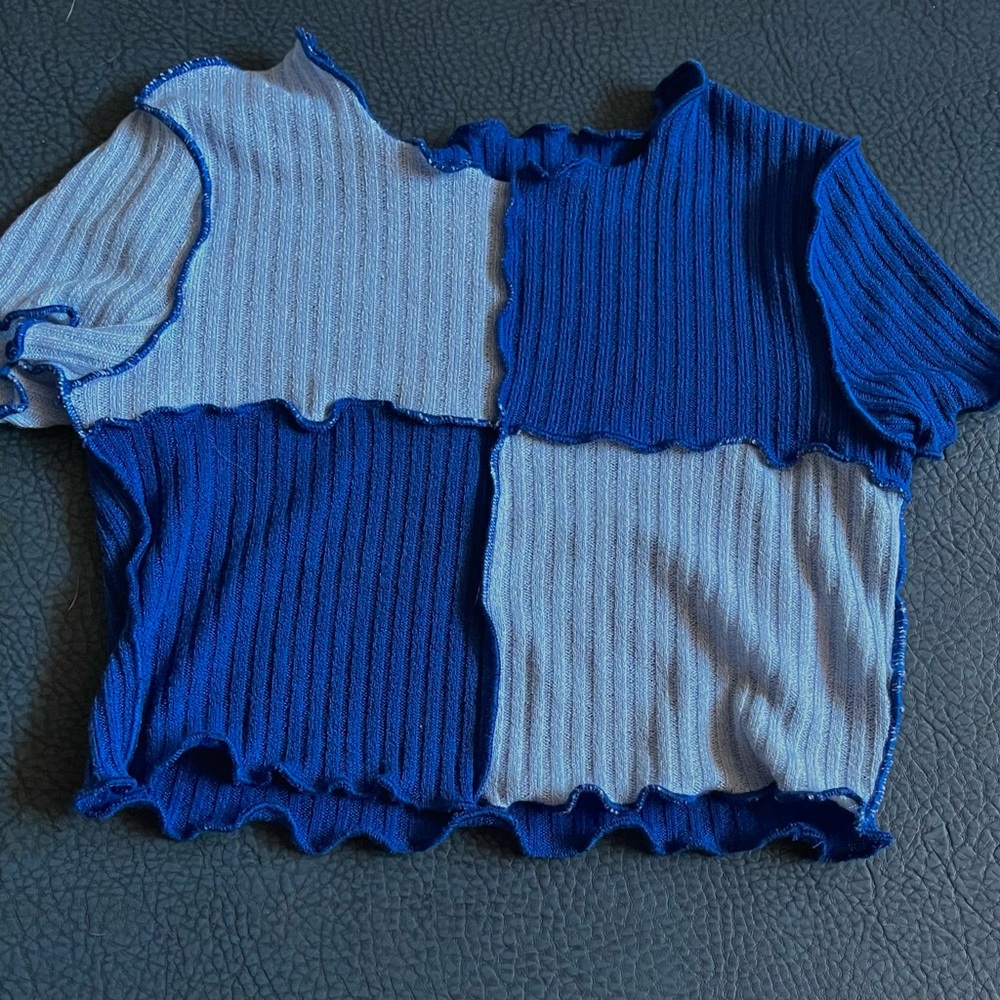 xxs, cropped, blue color block, ribbed womens T